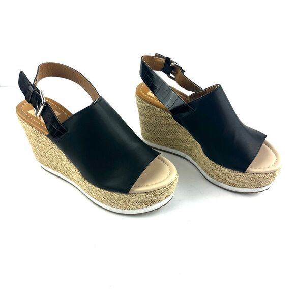 Dolce Vita DV8 Black Faux Leather Open Toe Wedge Sandals Ankle Strap Sz 6 - Picture 1 of 11